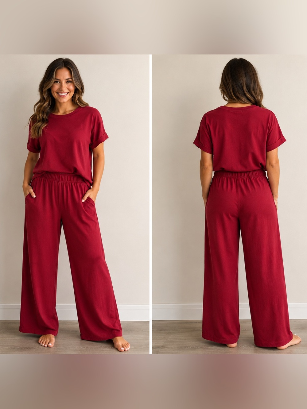 Zenana Women’s 2-Piece Lounge Set - Med Burgundy Wide Leg Pants & Top